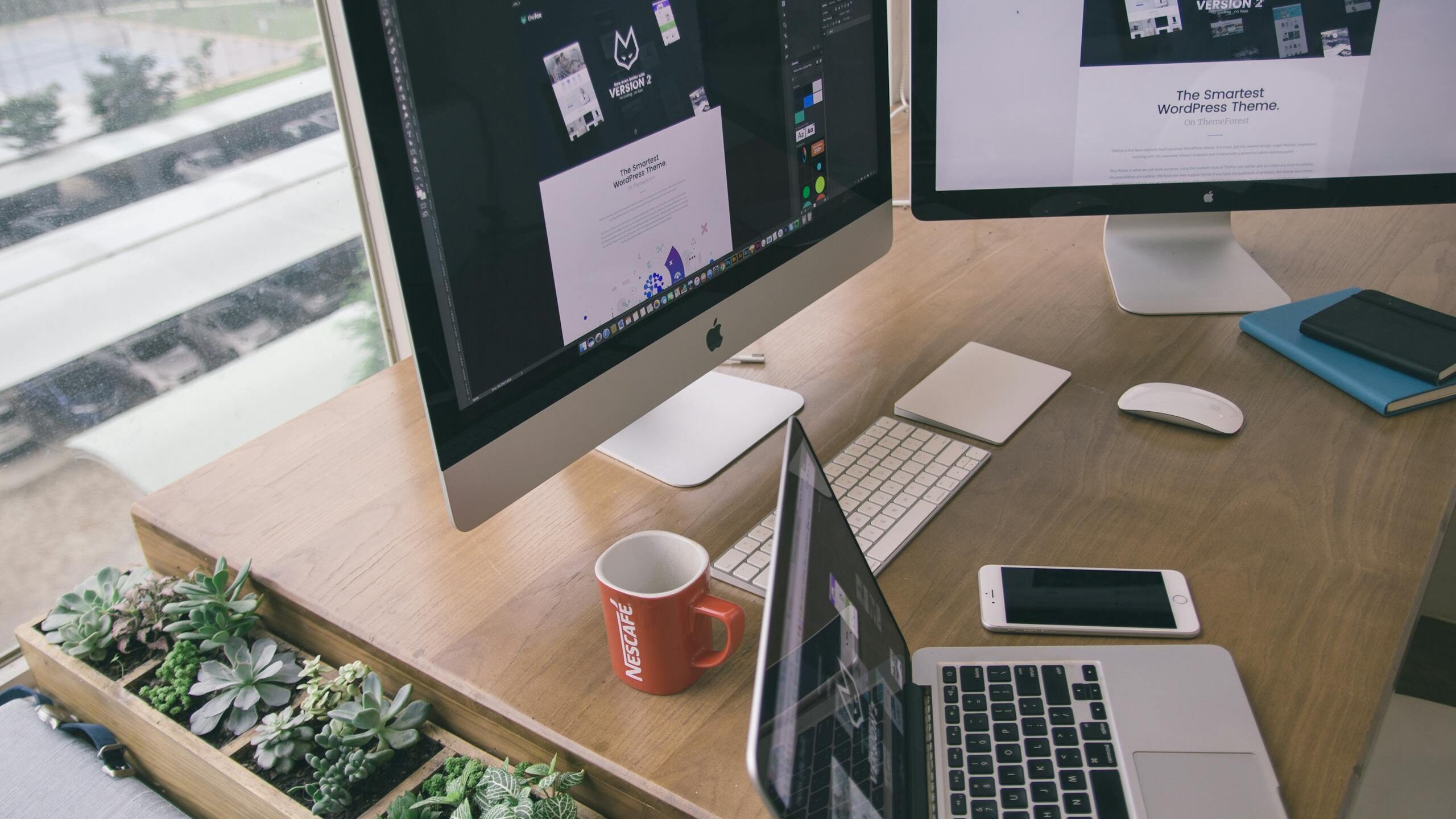 Sleek office desk setup featuring Apple computers and greenery for a modern work environment.